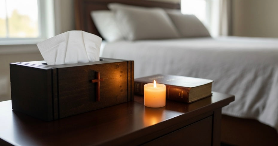 elegant cross tissue box cover on table