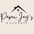 Logo for Papaw Jay's Woodshop with a stylized house on a beige background