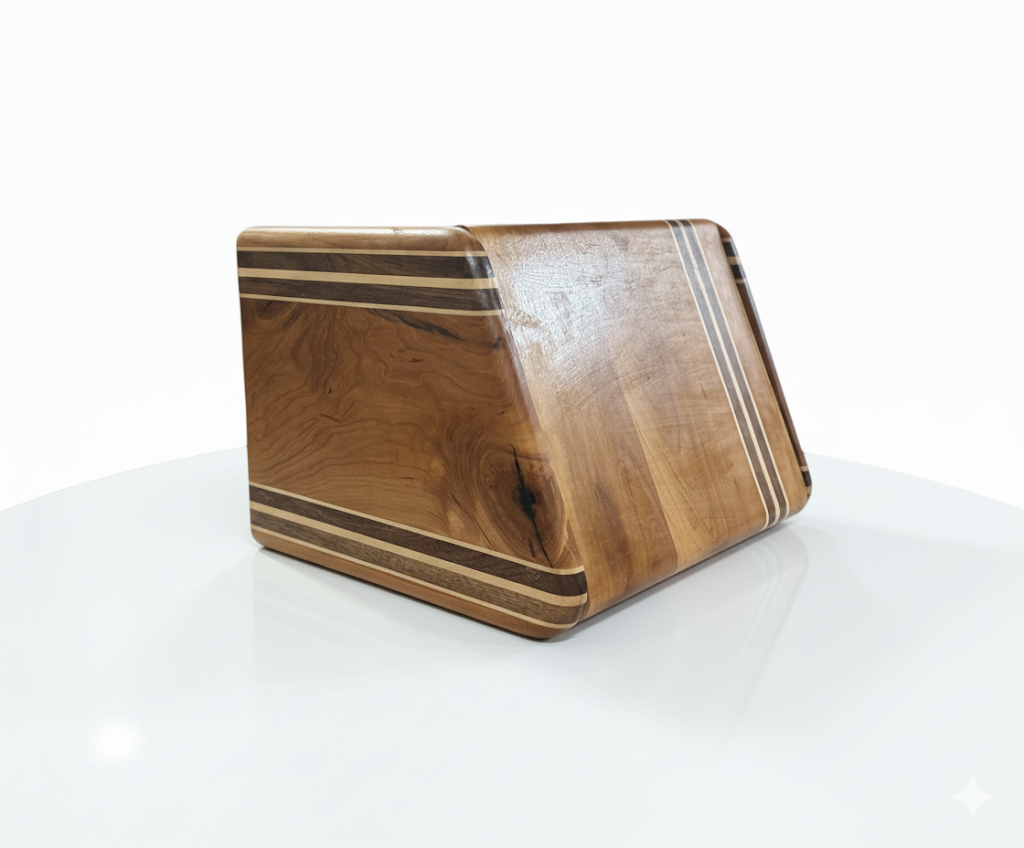tricolor hardwood bread box on kitchen countertop