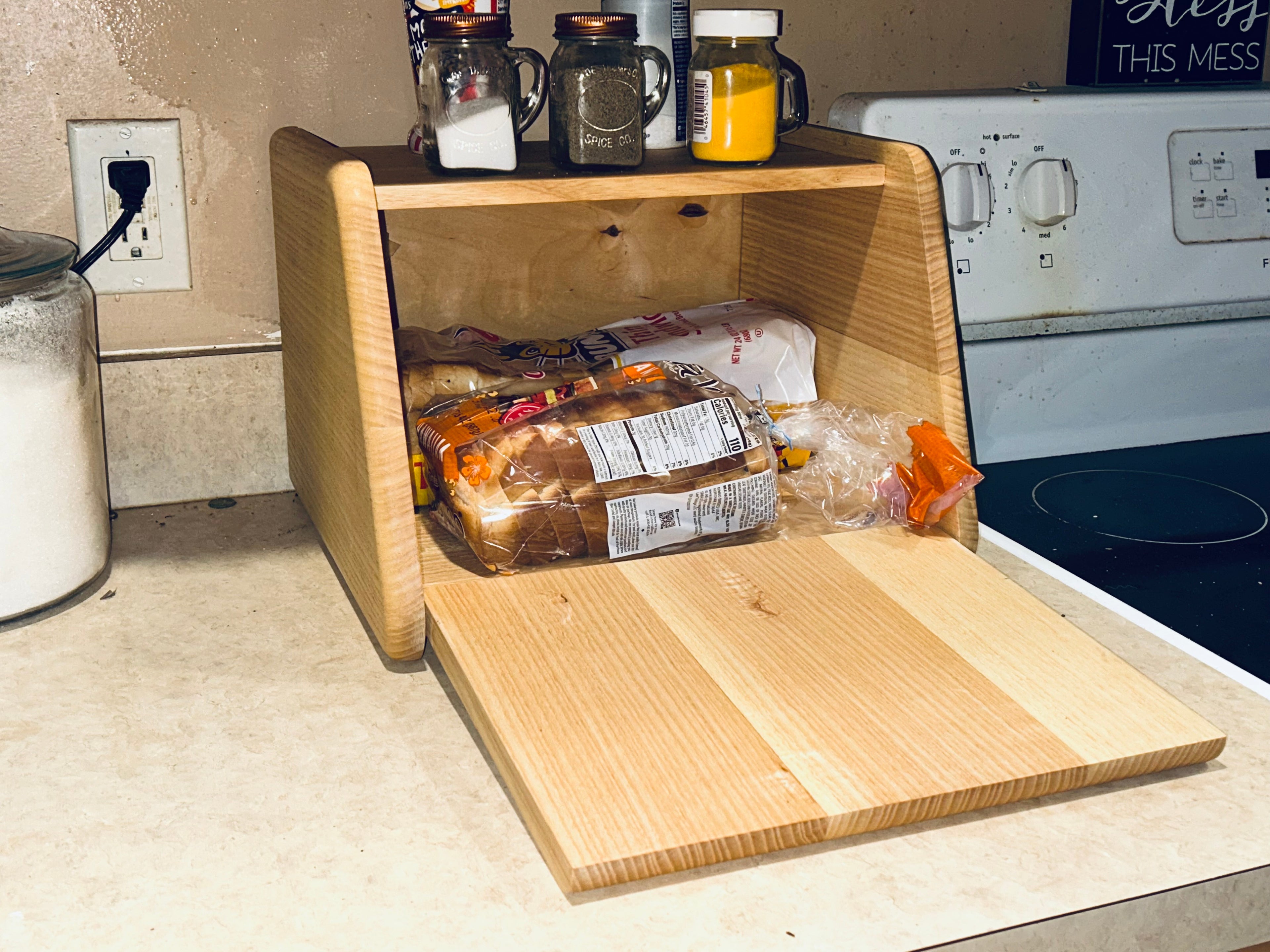 Wooden Bread Box with Spice Rack Shelf - Space Saving Countertop Storage