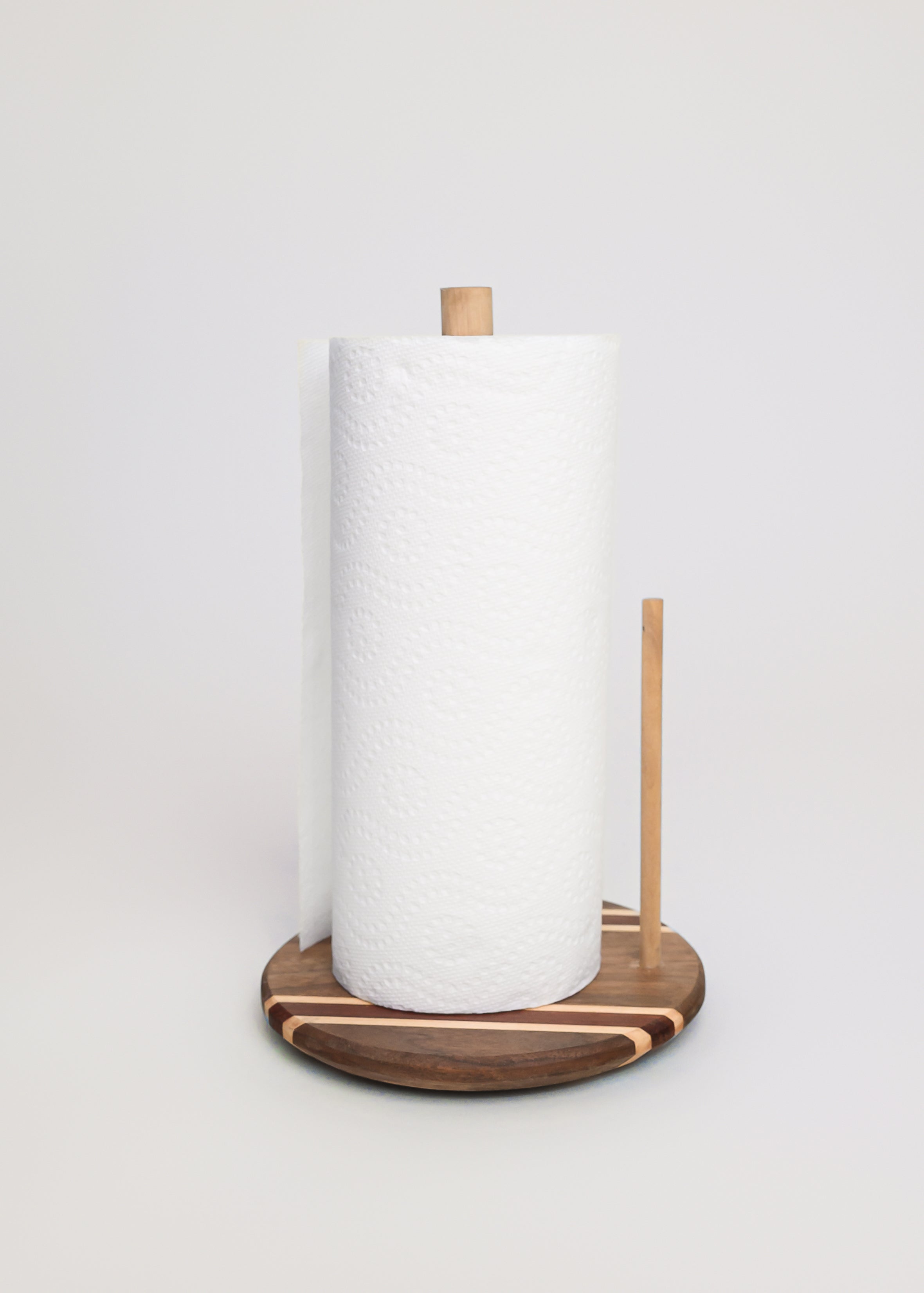 tricolor hardwood vertical paper towel holder on countertop
