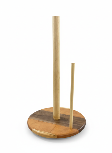 vertical wooden paper towel holder on countertop