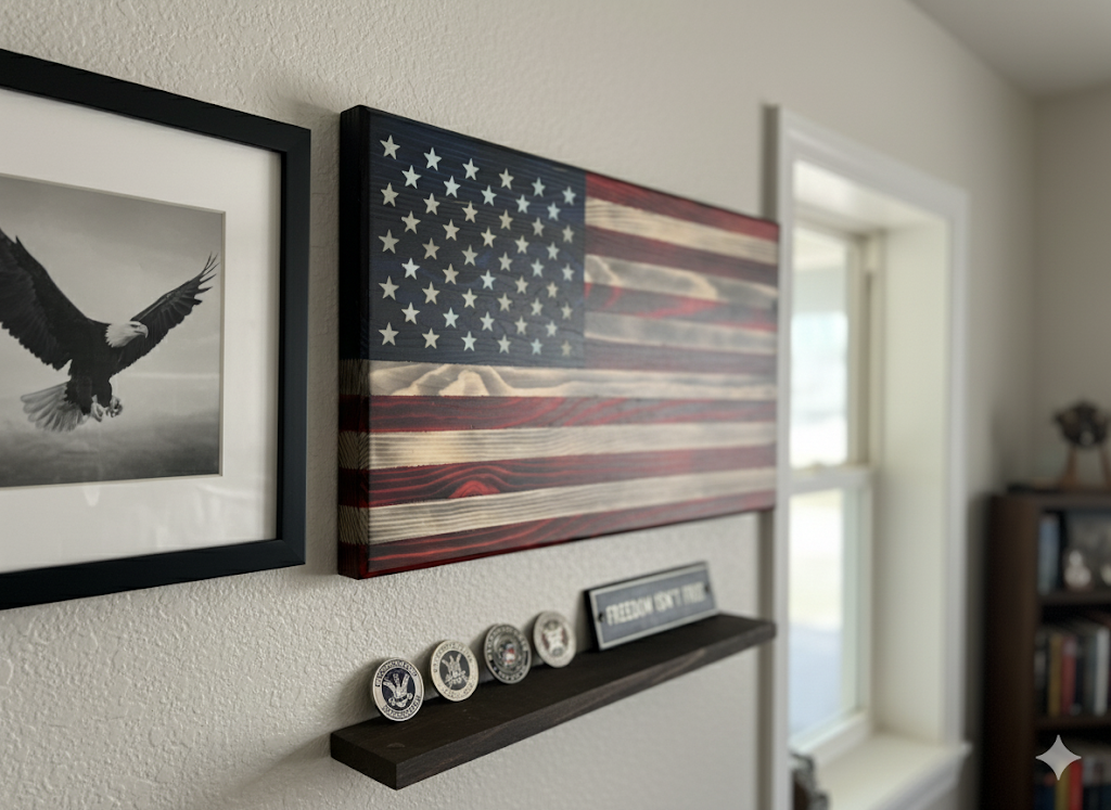 rustic American flag wall art on wooden wall