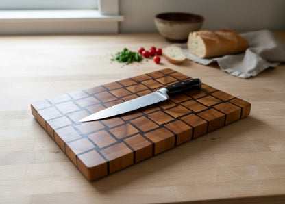 heirloom basket weave end grain cutting board on countertop