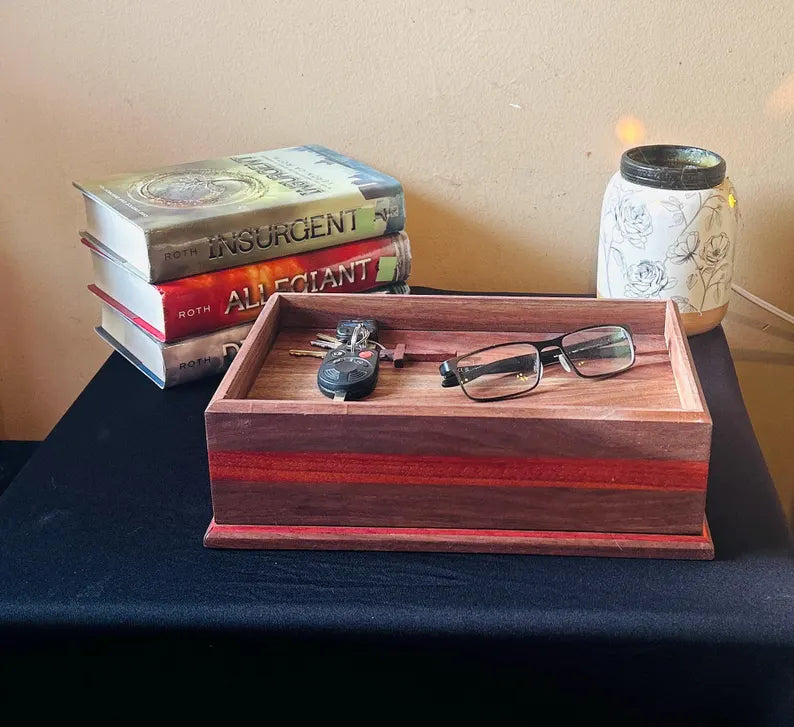 Walnut Valet Tray with Hidden Compartment - Men's EDC Dump Tray - Wooden Nightstand Organizer - Secret Storage Box for Cash or Jewelry