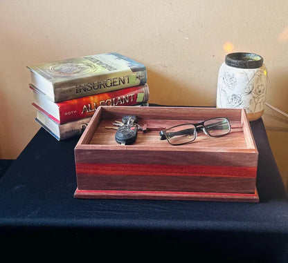 Walnut Valet Tray with Hidden Compartment - Men's EDC Dump Tray - Wooden Nightstand Organizer - Secret Storage Box for Cash or Jewelry