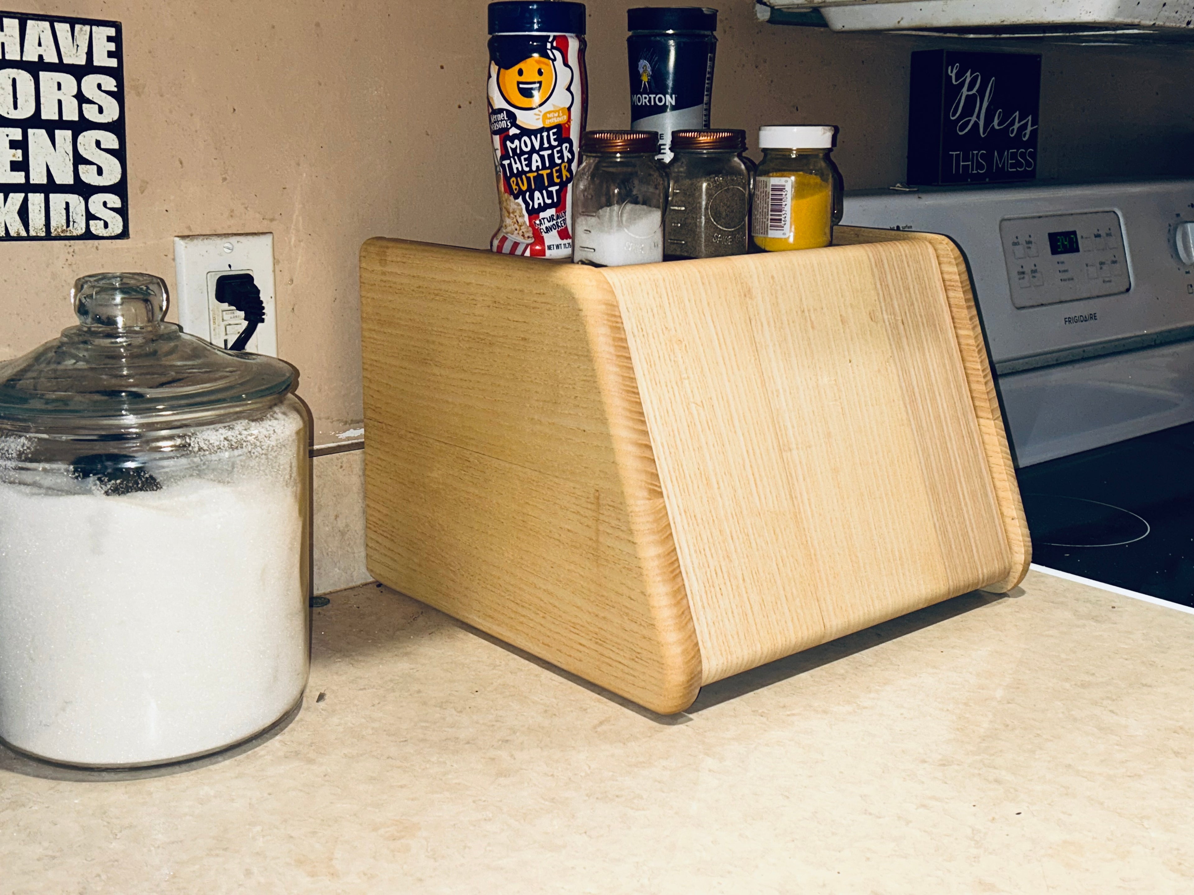 Wooden Bread Box with Spice Rack Shelf - Space Saving Countertop Storage