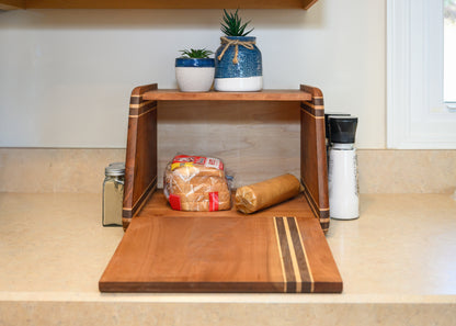 Wooden Bread Box with Spice Rack Shelf - Space Saving Countertop Storage