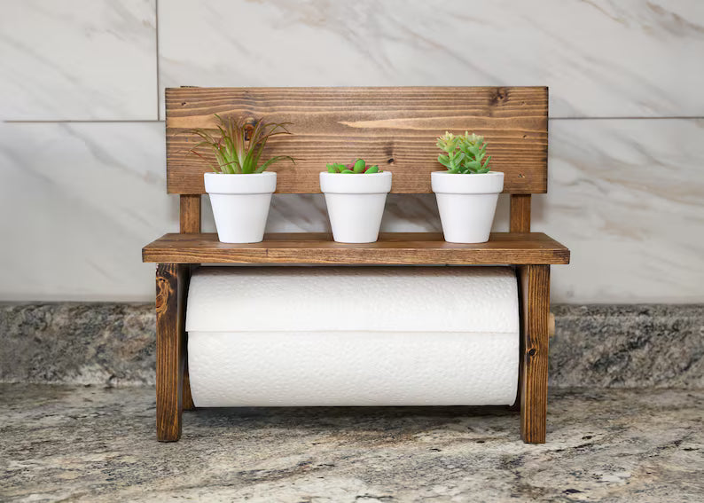 Mocha Wood Paper Towel Holder Countertop, Medium Brown Spice Rack Bench, Under Cabinet Kitchen Storage, Warm Coffee Bar Decor