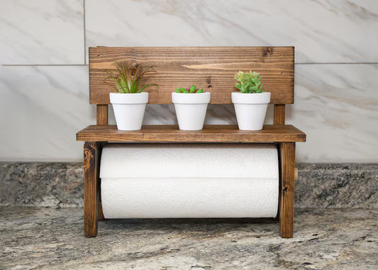 Mocha Wood Paper Towel Holder Countertop, Medium Brown Spice Rack Bench, Under Cabinet Kitchen Storage, Warm Coffee Bar Decor