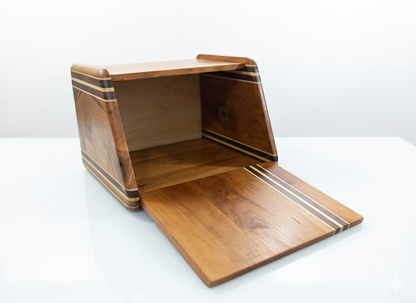 tricolor hardwood bread box on kitchen countertop
