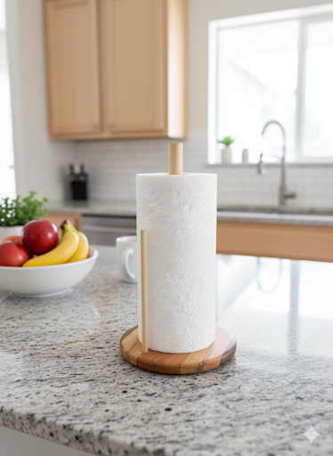 vertical wooden paper towel holder on kitchen counter