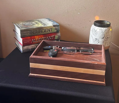 Walnut Valet Tray with Hidden Compartment - Men's EDC Dump Tray - Wooden Nightstand Organizer - Secret Storage Box for Cash or Jewelry