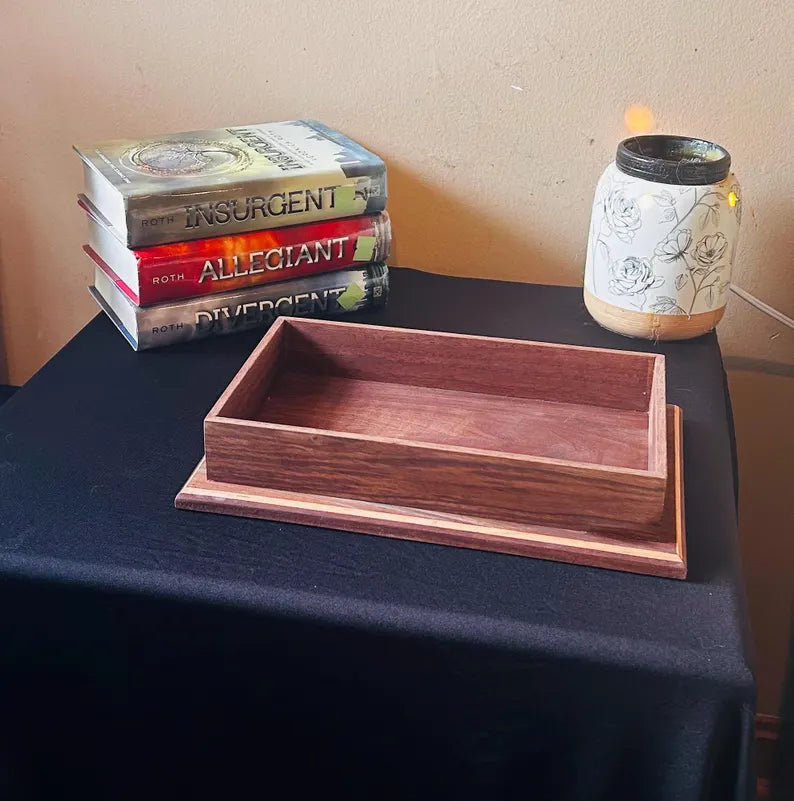 Walnut Valet Tray with Hidden Compartment - Men's EDC Dump Tray - Wooden Nightstand Organizer - Secret Storage Box for Cash or Jewelry
