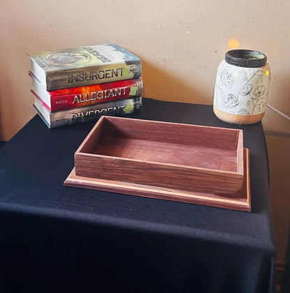 Walnut Valet Tray with Hidden Compartment - Men's EDC Dump Tray - Wooden Nightstand Organizer - Secret Storage Box for Cash or Jewelry