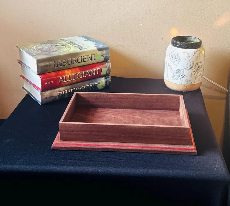Walnut Valet Tray with Hidden Compartment - Men's EDC Dump Tray - Wooden Nightstand Organizer - Secret Storage Box for Cash or Jewelry