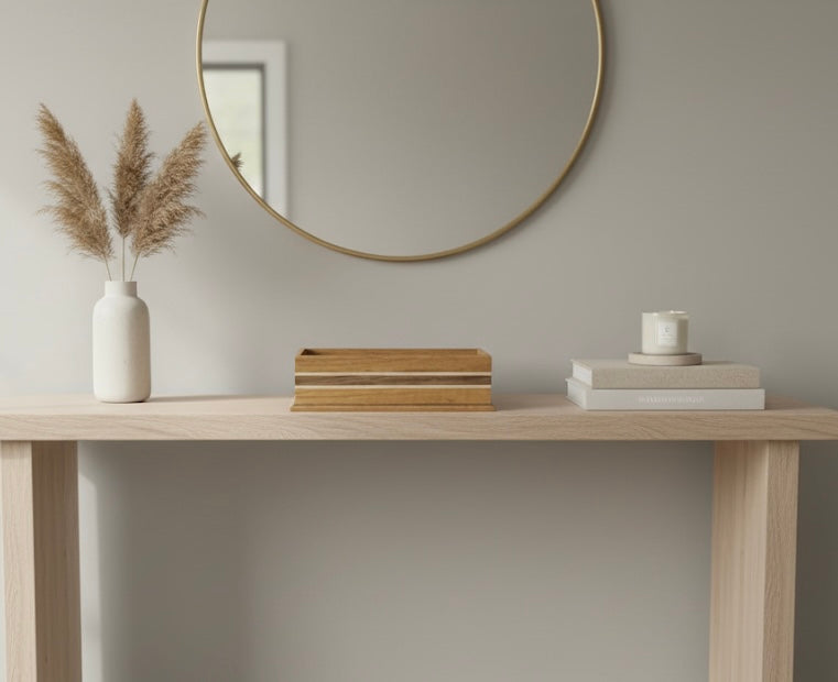 artisanal wood valet tray on desk