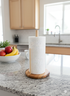 vertical wooden paper towel holder on countertop