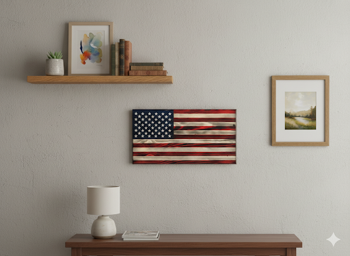 rustic American flag wall art on wooden wall