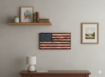 rustic American flag wall art on wooden wall
