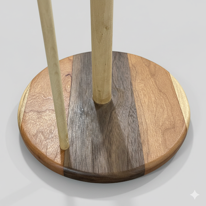 vertical wooden paper towel holder on countertop