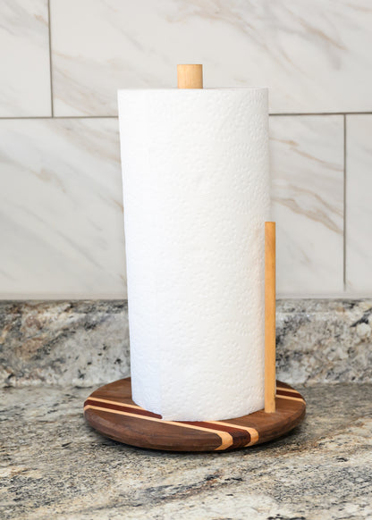 Walnut &amp; Padauk Paper Towel Holder - Vertical Wooden Countertop Stand