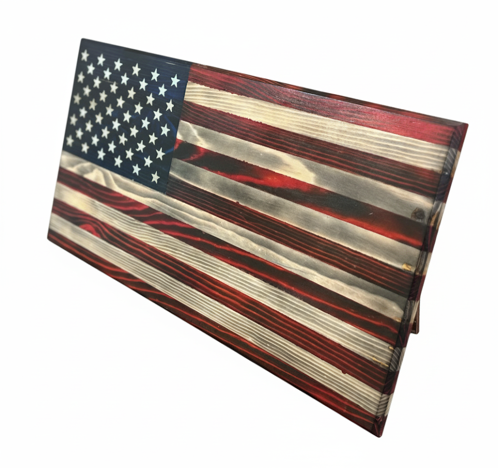 rustic American flag wall art on wooden wall