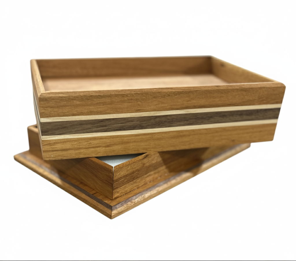 artisanal wood valet tray on desk