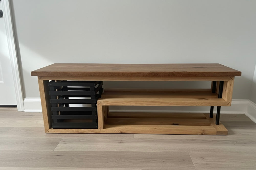 modern industrial entryway bench with shoe shelf