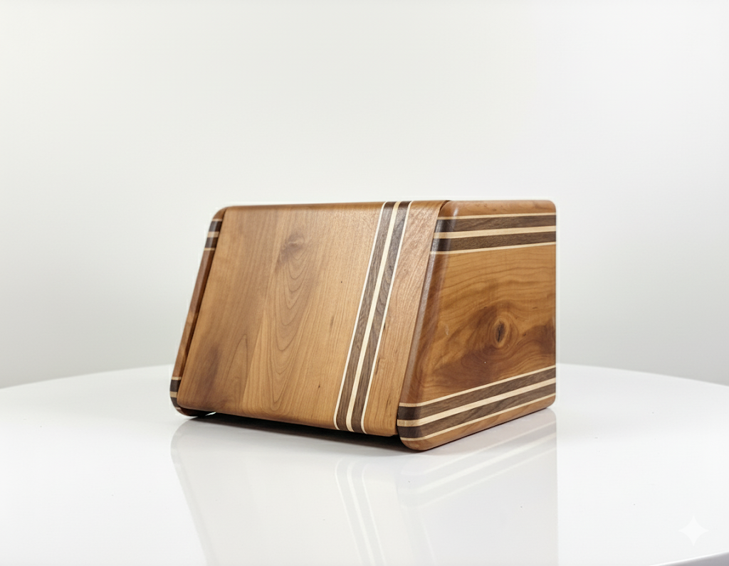 tricolor hardwood bread box on kitchen countertop