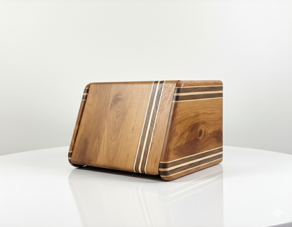 tricolor hardwood bread box on kitchen countertop