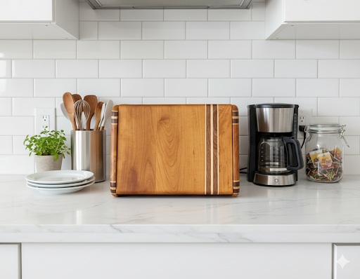 tricolor hardwood bread box on kitchen countertop