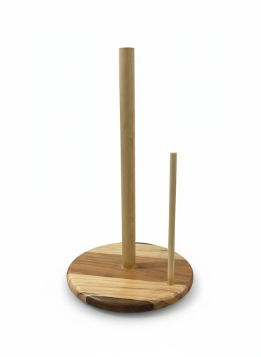 vertical wooden paper towel holder on countertop