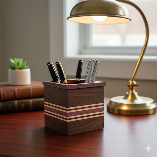 wooden pen pencil organizer on office desk