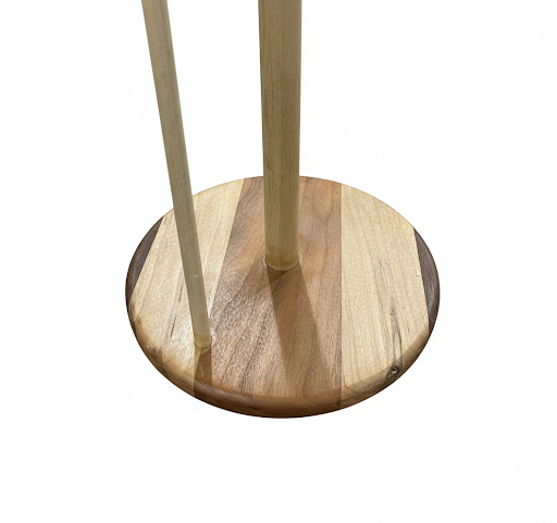vertical wooden paper towel holder on countertop