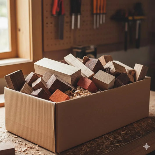 Premium Hardwood Scrap Box – 10 to 15 Pieces | Walnut, Ambrosia Maple, Cherry, Padauk, Oak/Ash | Kiln-Dried Wood for Turning, Coasters