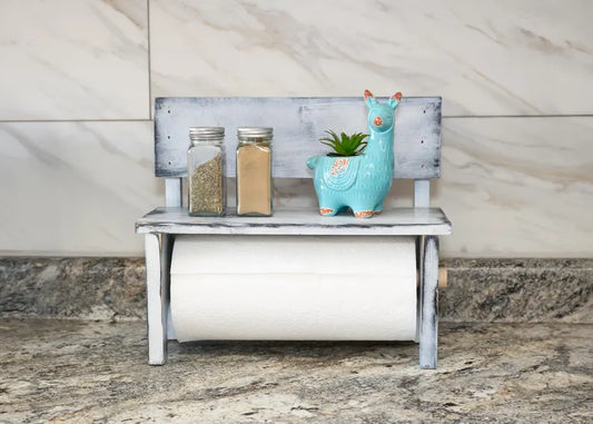 Farmhouse White Paper Towel Holder Countertop, Distressed Wood Spice Rack Bench, Under Cabinet Kitchen Storage, Rustic Coffee Bar Decor