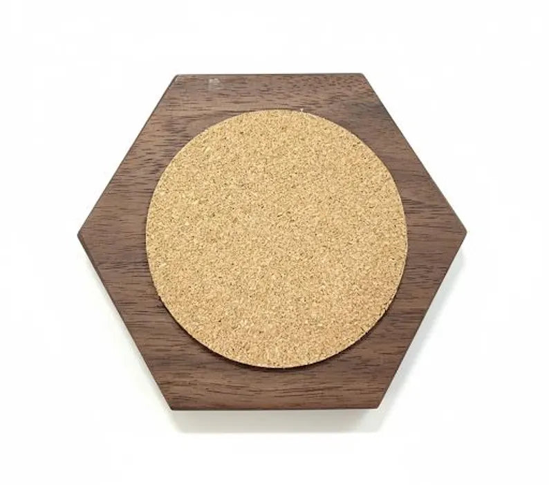 Walnut Hexagon Coasters Set: Handcrafted Cork-Backed Drink Coasters