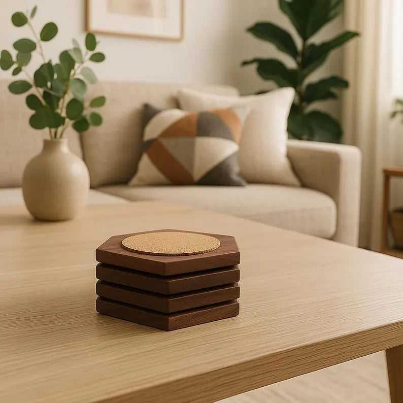 Walnut Hexagon Coasters Set: Handcrafted Cork-Backed Drink Coasters
