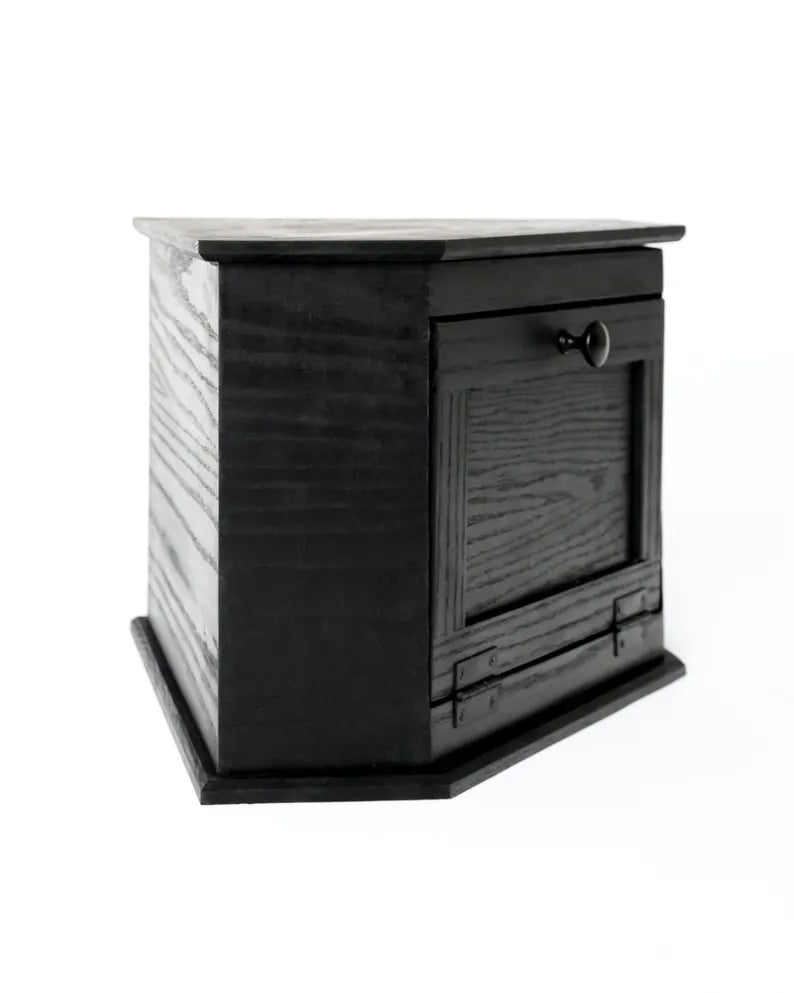 Handcrafted Ebonized Red Oak corner bread box.