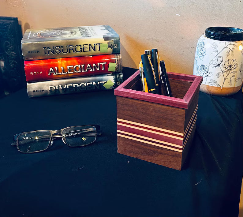 Walnut & Purpleheart Wood Pen Holder | Executive Desk Accessory | Modern Office Decor | Wooden Pencil Cup | Gift for Him or Boss