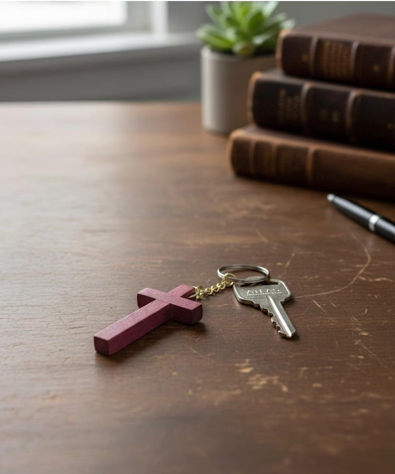 Small Wooden Cross Keychain - Minimalist Christian Gift for Men & Women - Handcrafted Walnut Maple Padauk Purpleheart - 1x2 In Pocket Cross