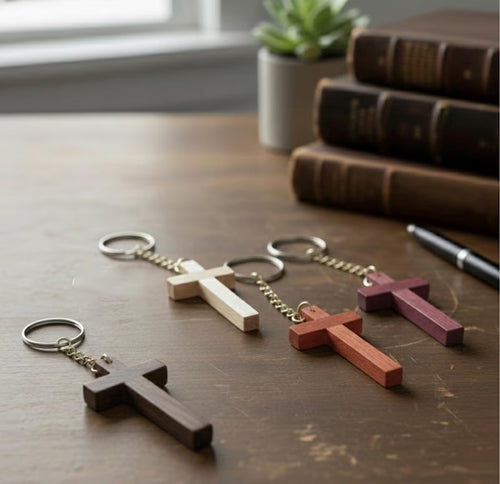 Small Wooden Cross Keychain - Minimalist Christian Gift for Men & Women - Handcrafted Walnut Maple Padauk Purpleheart - 1x2 In Pocket Cross