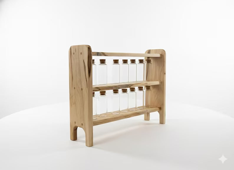 Apothecary Herb Rack with 14 Corked Vials | Spalted Maple Botanical Display | Alchemist Herb Storage | Handcrafted Heirloom Curio Shelf