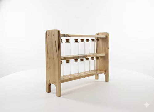 Apothecary Herb Rack with 14 Corked Vials | Spalted Maple Botanical Display | Alchemist Herb Storage | Handcrafted Heirloom Curio Shelf