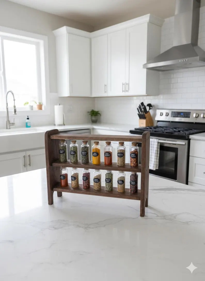 Handcrafted Heirloom Quality Spice Rack with 14 Glass Jars | Modern Farmhouse Kitchen Decor | Army Veteran Made | Countertop Herb Organizer