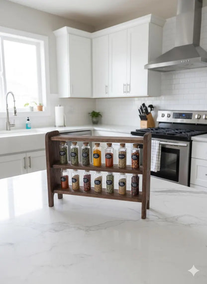 Handcrafted Heirloom Quality Spice Rack with 14 Glass Jars | Modern Farmhouse Kitchen Decor | Army Veteran Made | Countertop Herb Organizer
