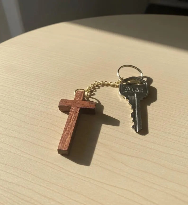 Small Wooden Cross Keychain - Minimalist Christian Gift for Men & Women - Handcrafted Walnut Maple Padauk Purpleheart - 1x2 In Pocket Cross