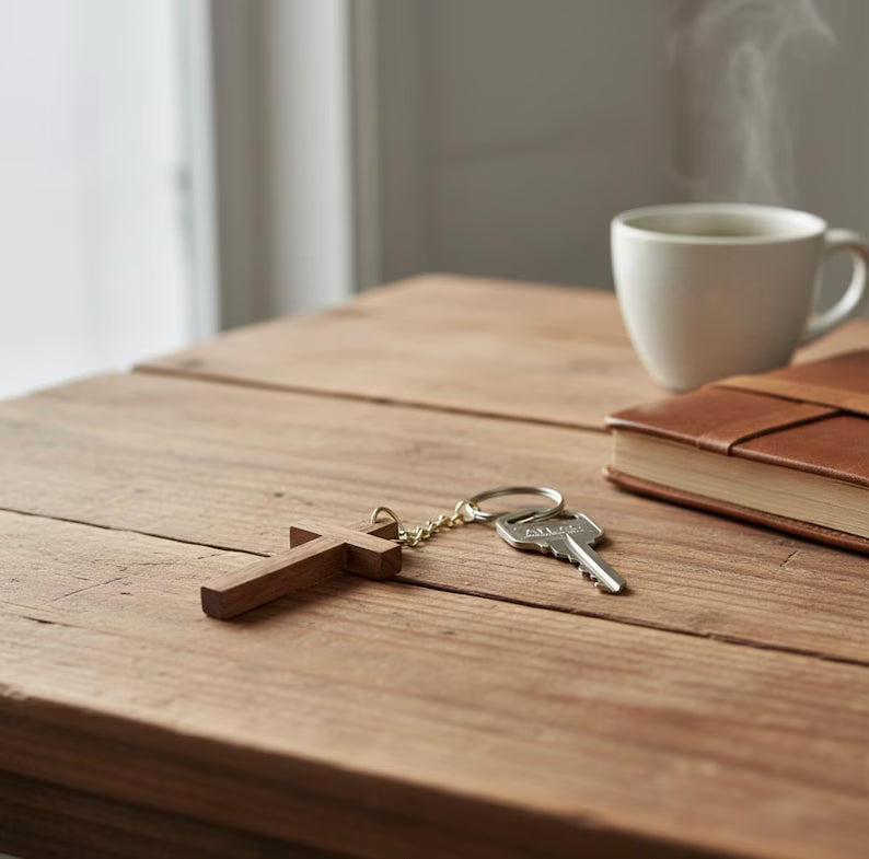 Small Wooden Cross Keychain - Minimalist Christian Gift for Men & Women - Handcrafted Walnut Maple Padauk Purpleheart - 1x2 In Pocket Cross