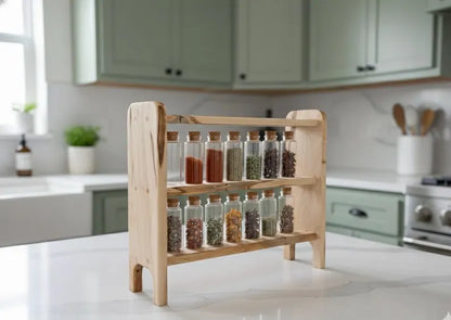Handcrafted Heirloom Quality Spice Rack with 14 Glass Jars | Modern Farmhouse Kitchen Decor | Army Veteran Made | Countertop Herb Organizer